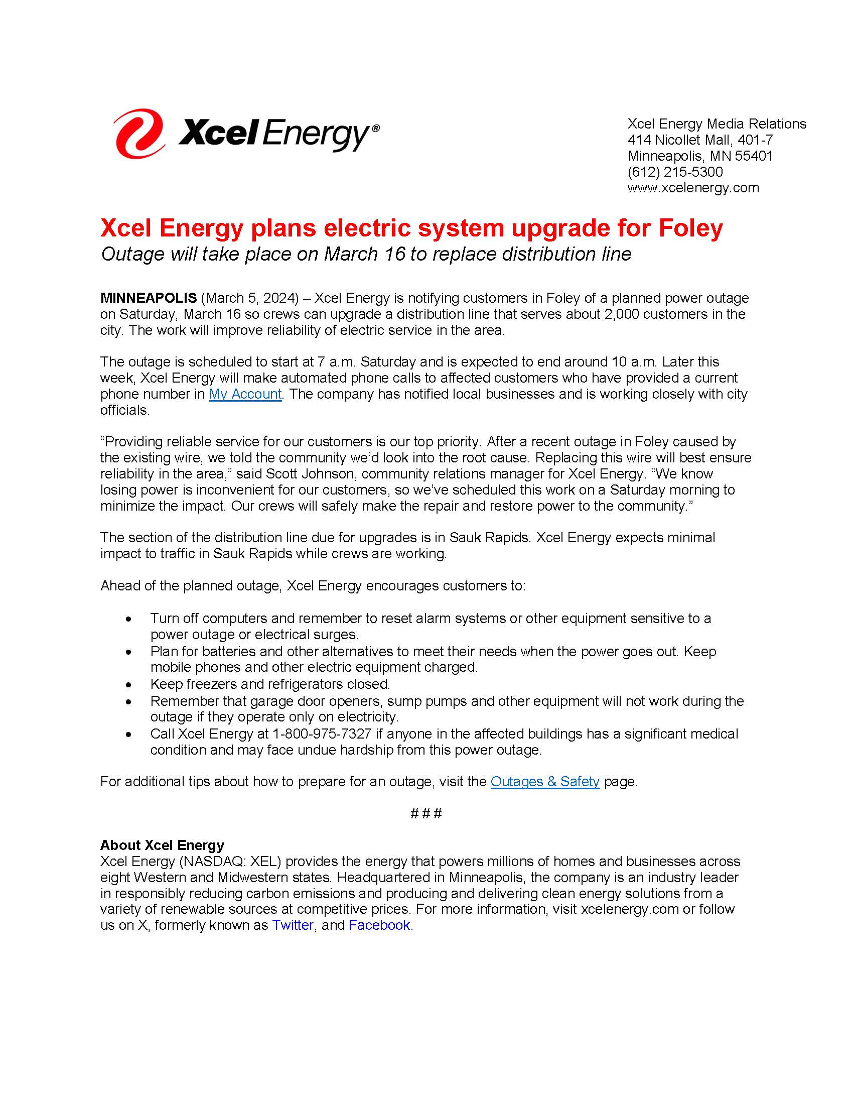 Xcel Outage for System Upgrade (7am - 10am) - City of Foley, Minnesota